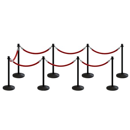 MONTOUR LINE Stanchion Post and Rope Kit Black, 8 Crown Top 7 Red Rope C-Kit-8-BK-CN-7-ER-RD-PS